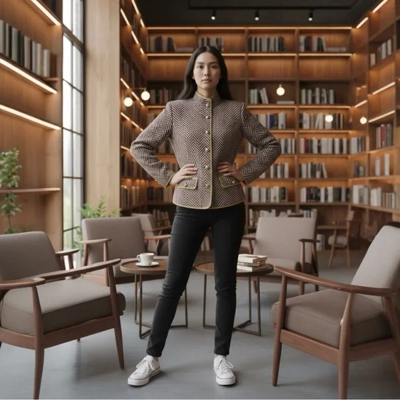 Chic Women's Herringbone Blazer - Brown - Picture 1 of 9